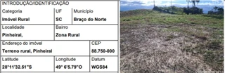 Imóvel 2556412 ['10219365'] - ['TERRENO RURAL PINHEIRAL,N. 00 IMÓVEL RURAL, PINHEIRAL - CEP: 88750-000, BRACO DO NORTE - SANTA CATARINA'] [''] - ['Braço Do Norte']/['SC'] - 1